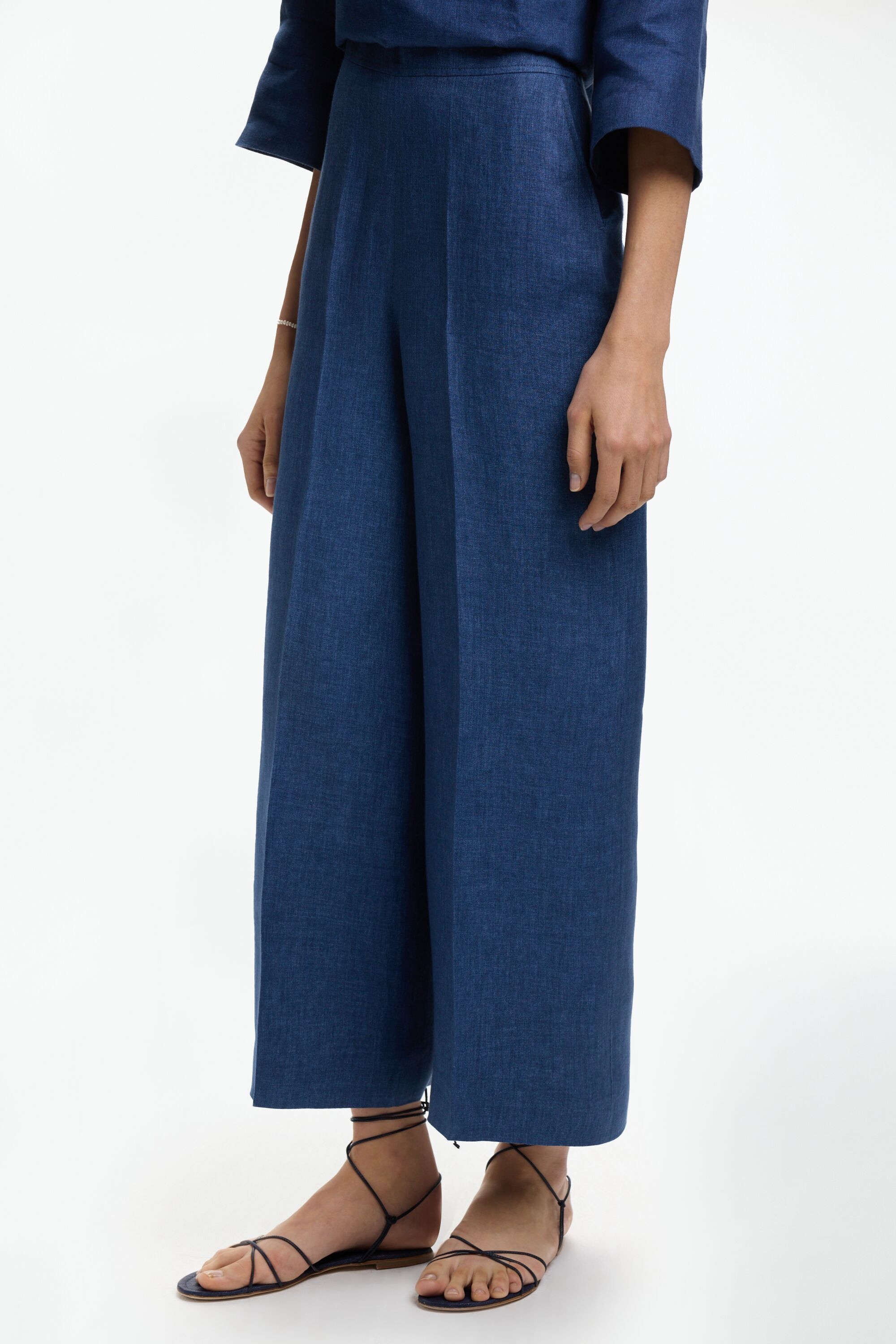 Pantalón Evasé de Lino Efecto Denim