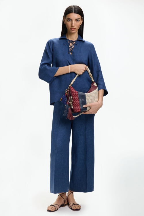 DENIM-EFFECT LINEN A-LINE PANTS