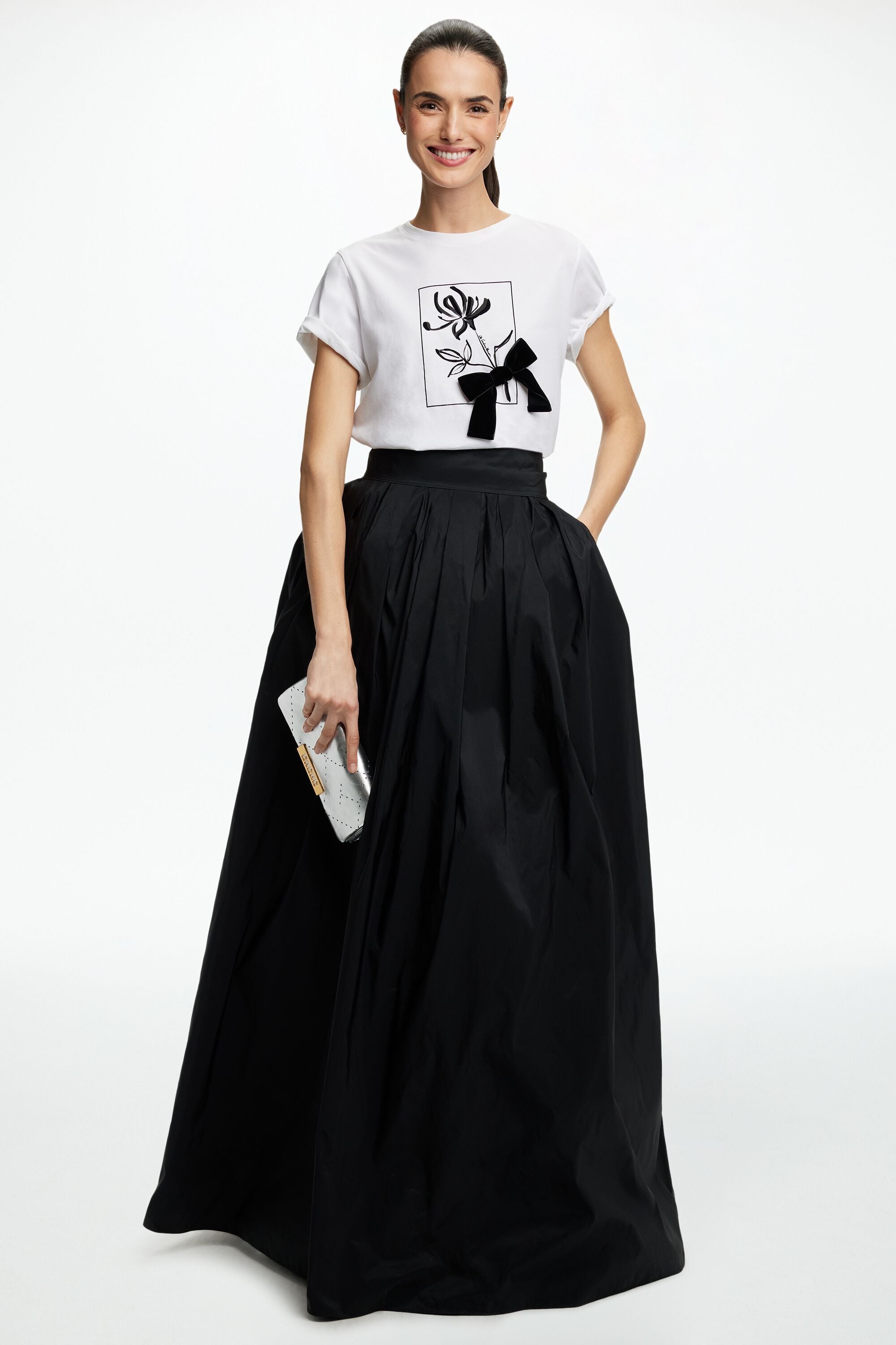 Bow-Detailed Flower Print Straight-Fit T-Shirt white - CH