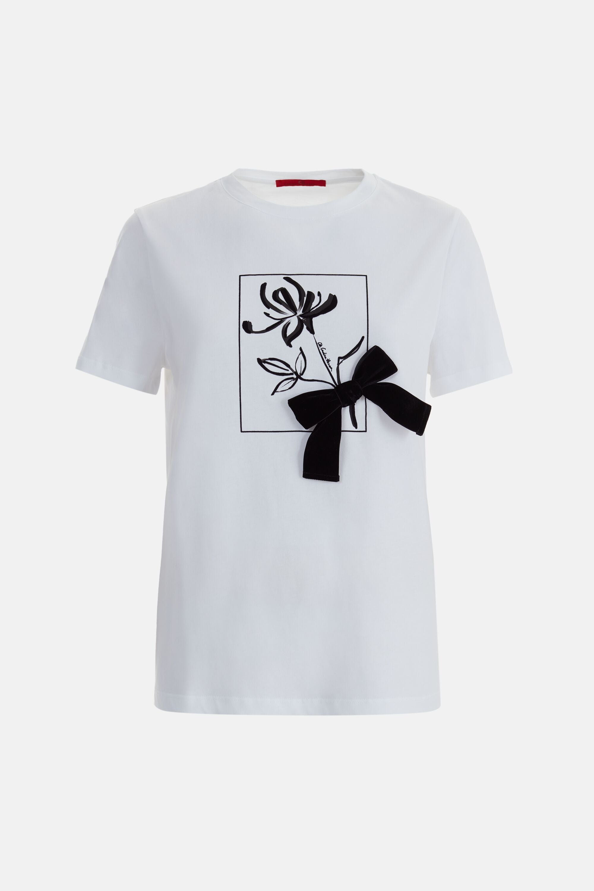 Bow-Detailed Flower Print Straight-Fit T-Shirt white - CH