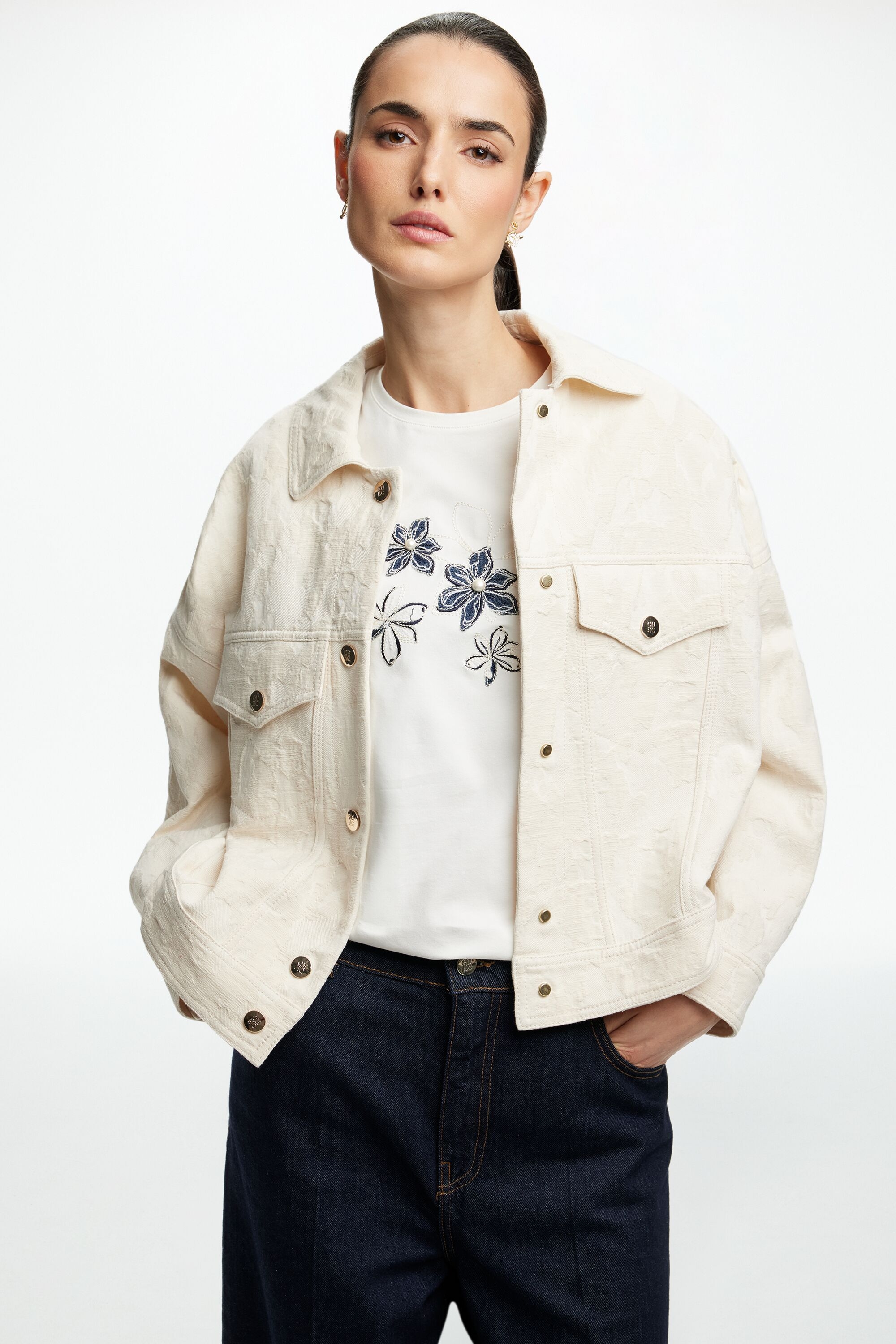 Pearl-Detailed Denim Flowers T-Shirt