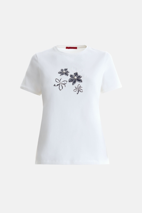 PEARL-DETAILED DENIM FLOWERS T-SHIRT