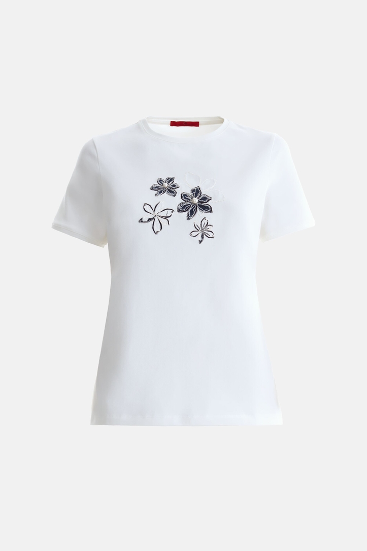 Camiseta con Flores Denim y Perlas