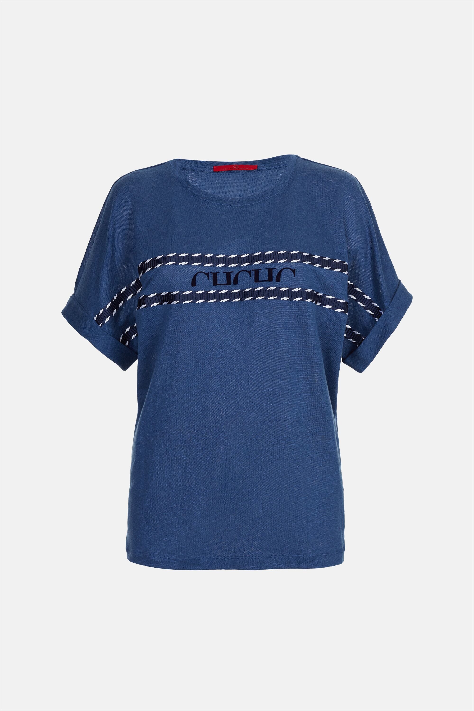 Tシャツ・カットソー ROBERTO COLLINA Women Tops T32021 10 blue Print Linen Straight-Fit T-Shirt blue - CH Carolina Herrera