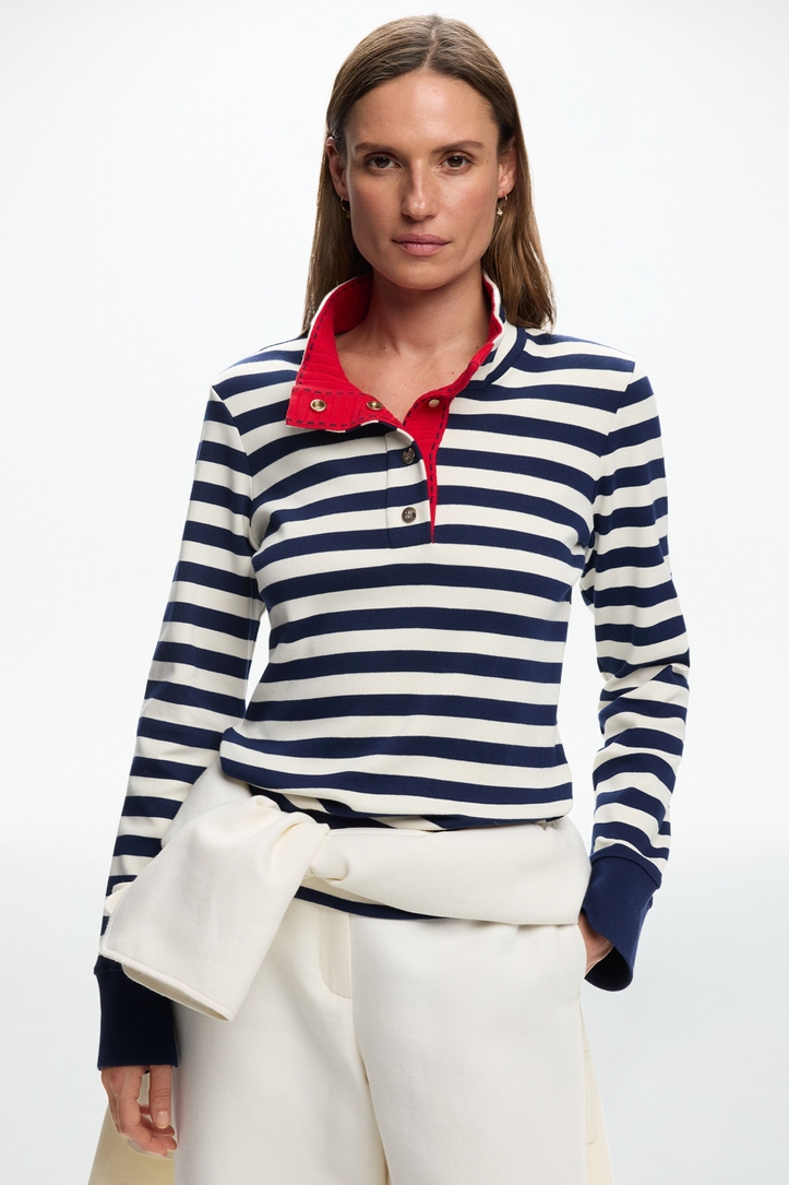 Long-Sleeved Striped Knit Fitted Polo Shirt