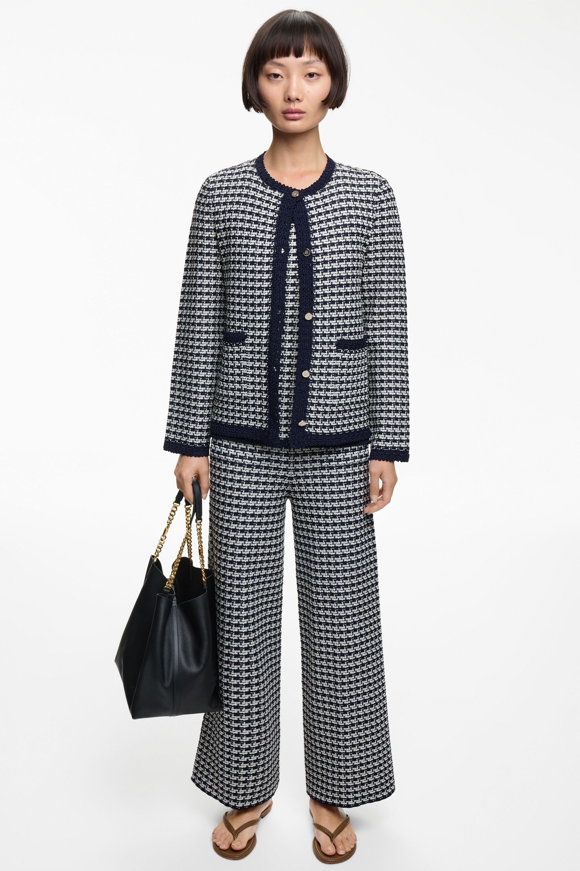 Geometric Jacquard Straight-Fit Jacket with Crochet navy
