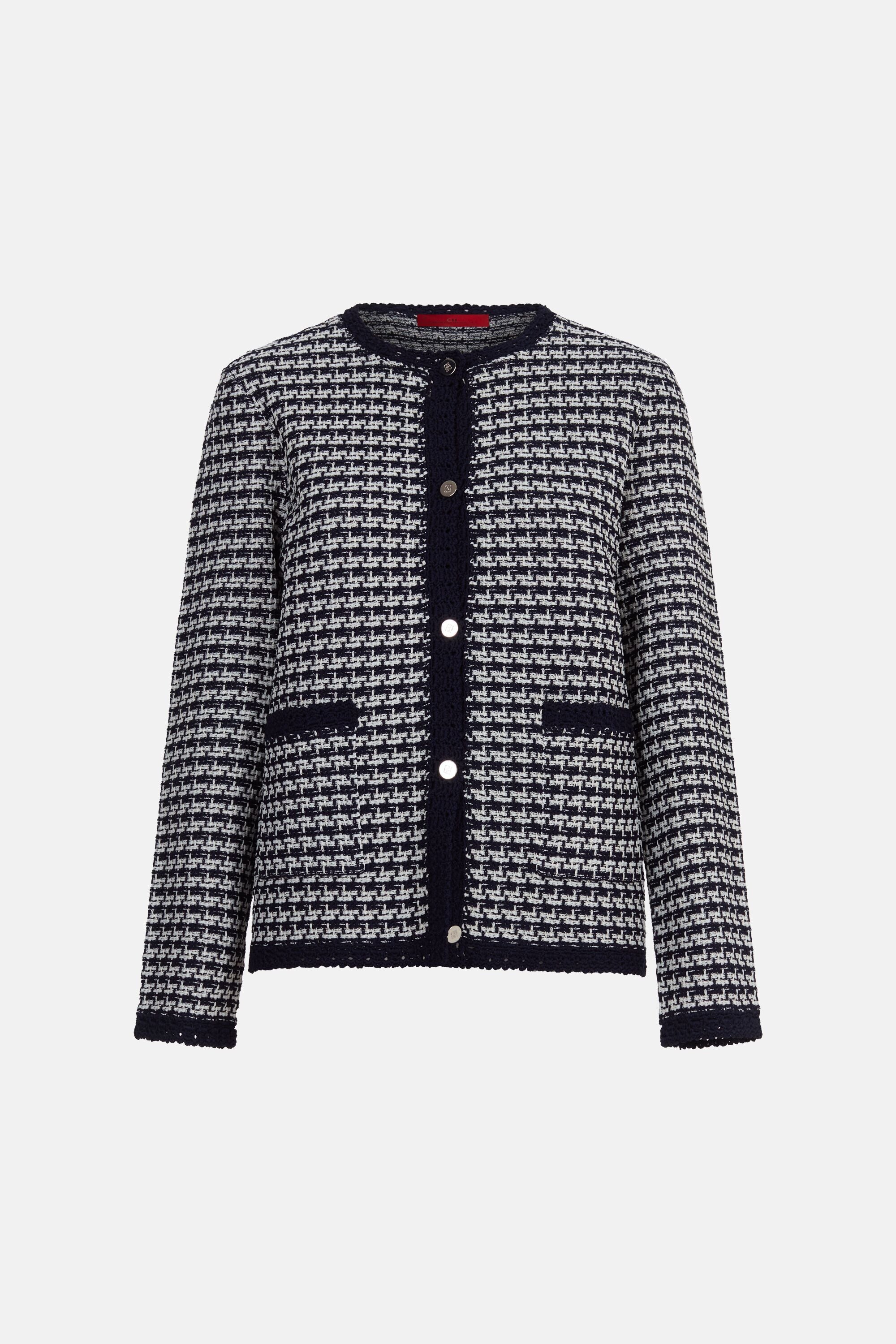 Geometric Jacquard Straight-Fit Jacket with Crochet navy