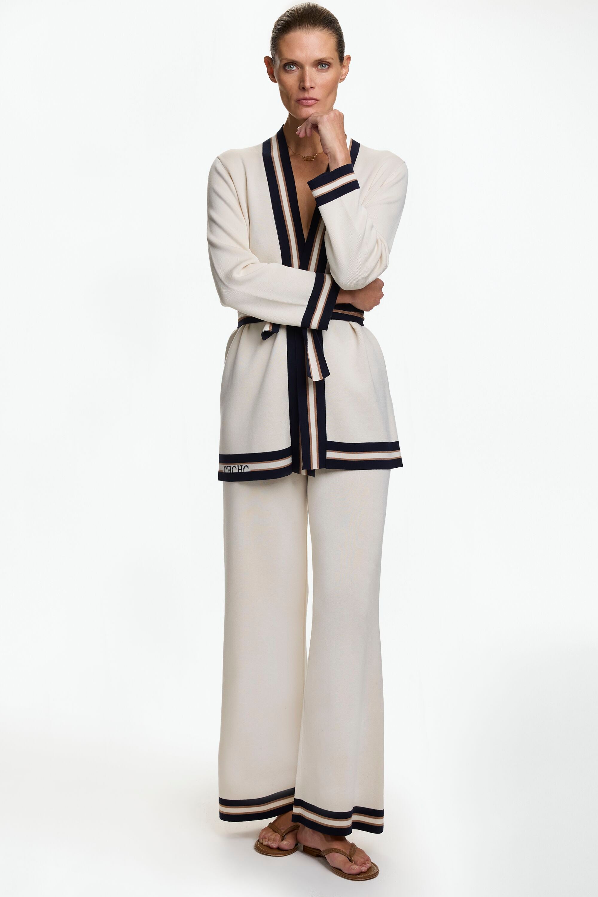 Double-Faced Silk Straight-Fit Cardigan with Belt beige/navy