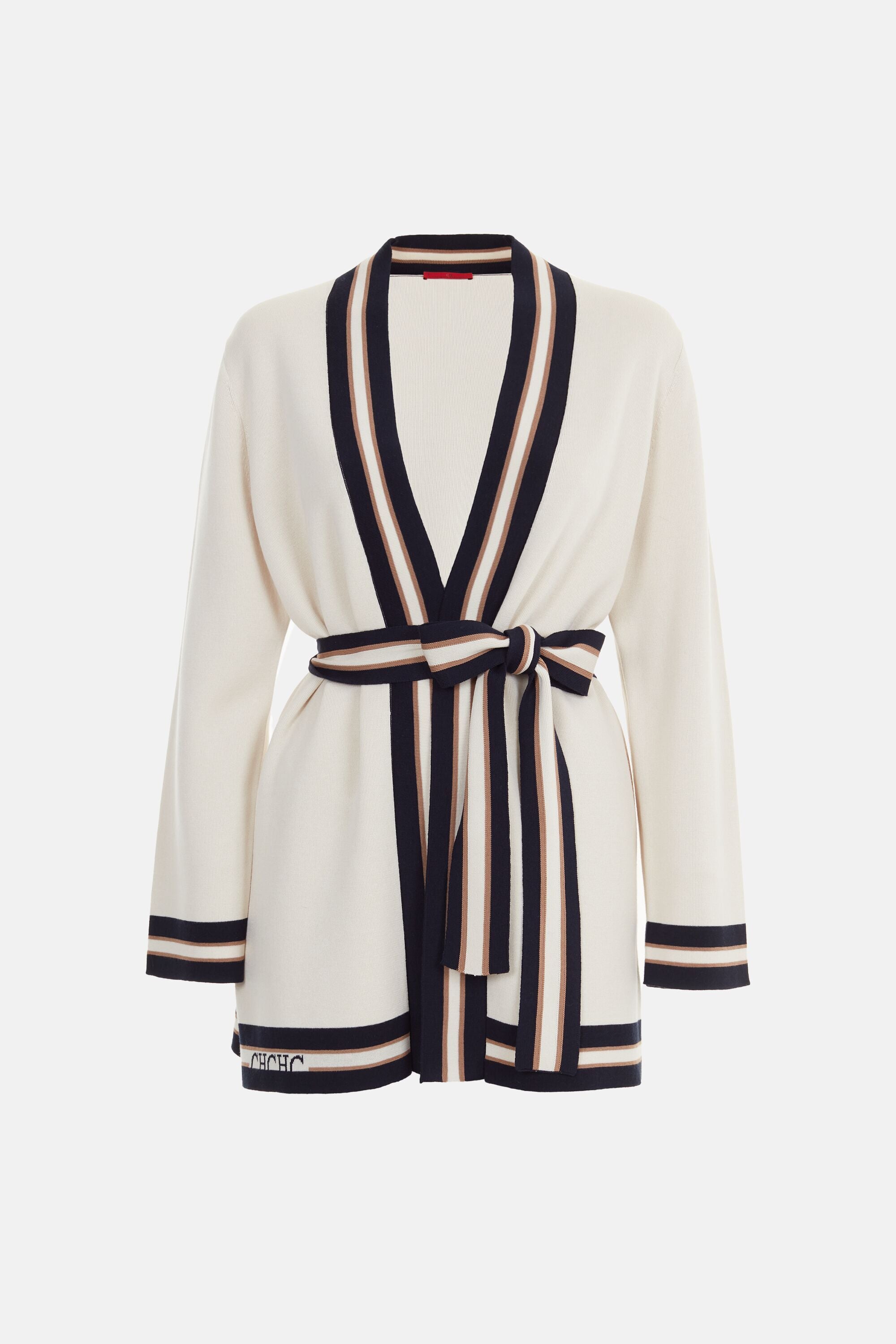 Double-Faced Silk Straight-Fit Cardigan with Belt beige/navy