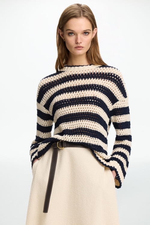 STRIPED POINTELLE TEXTURED OVERSIZE SWEATER