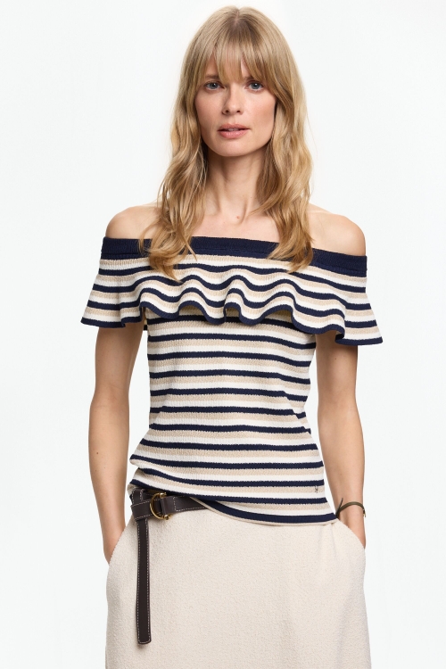 OFF-THE-SHOULDER STRIPED KNIT FITTED TOP