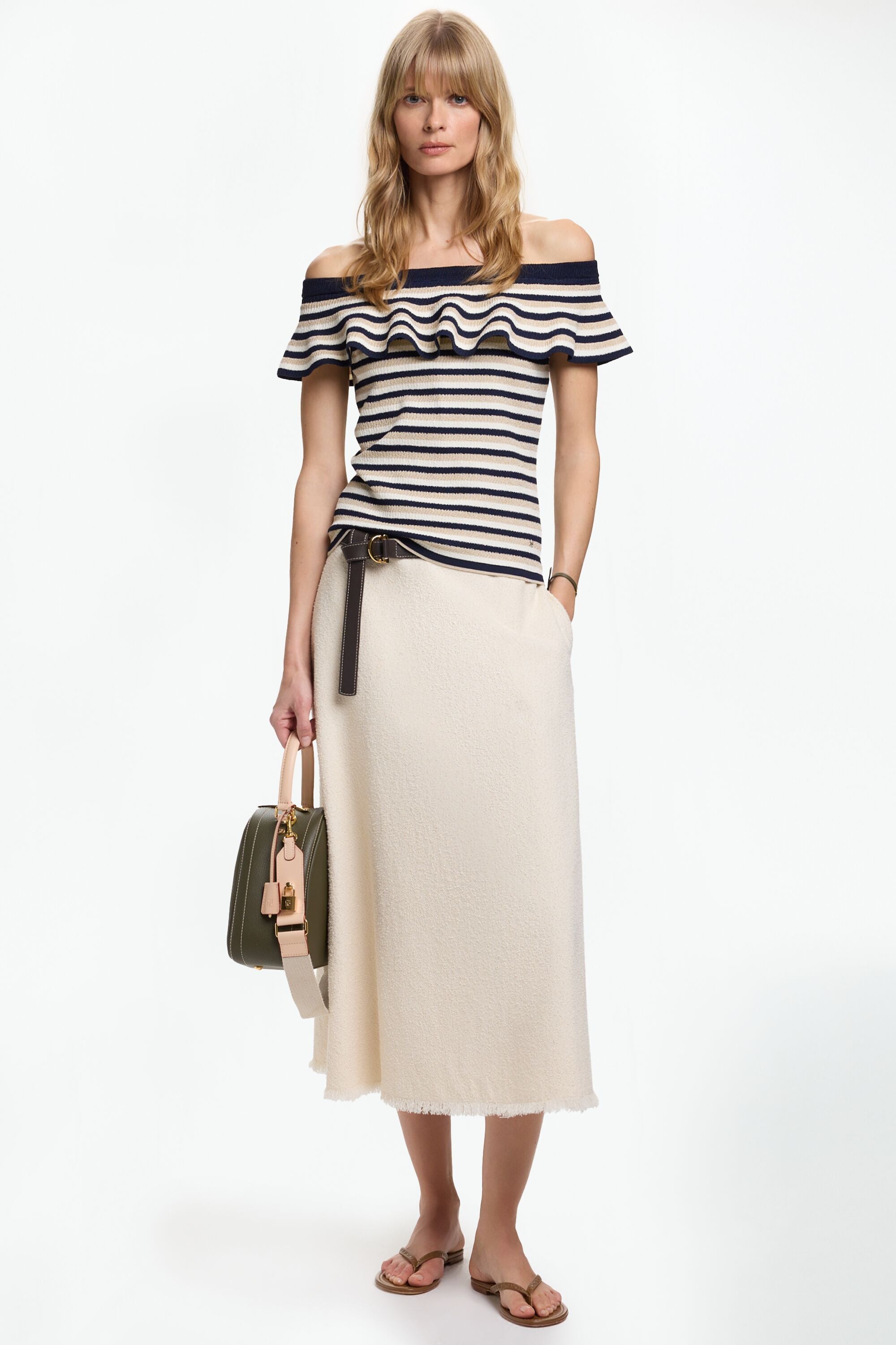 Off-The-Shoulder Striped Knit Fitted Top navy/ivory - CH