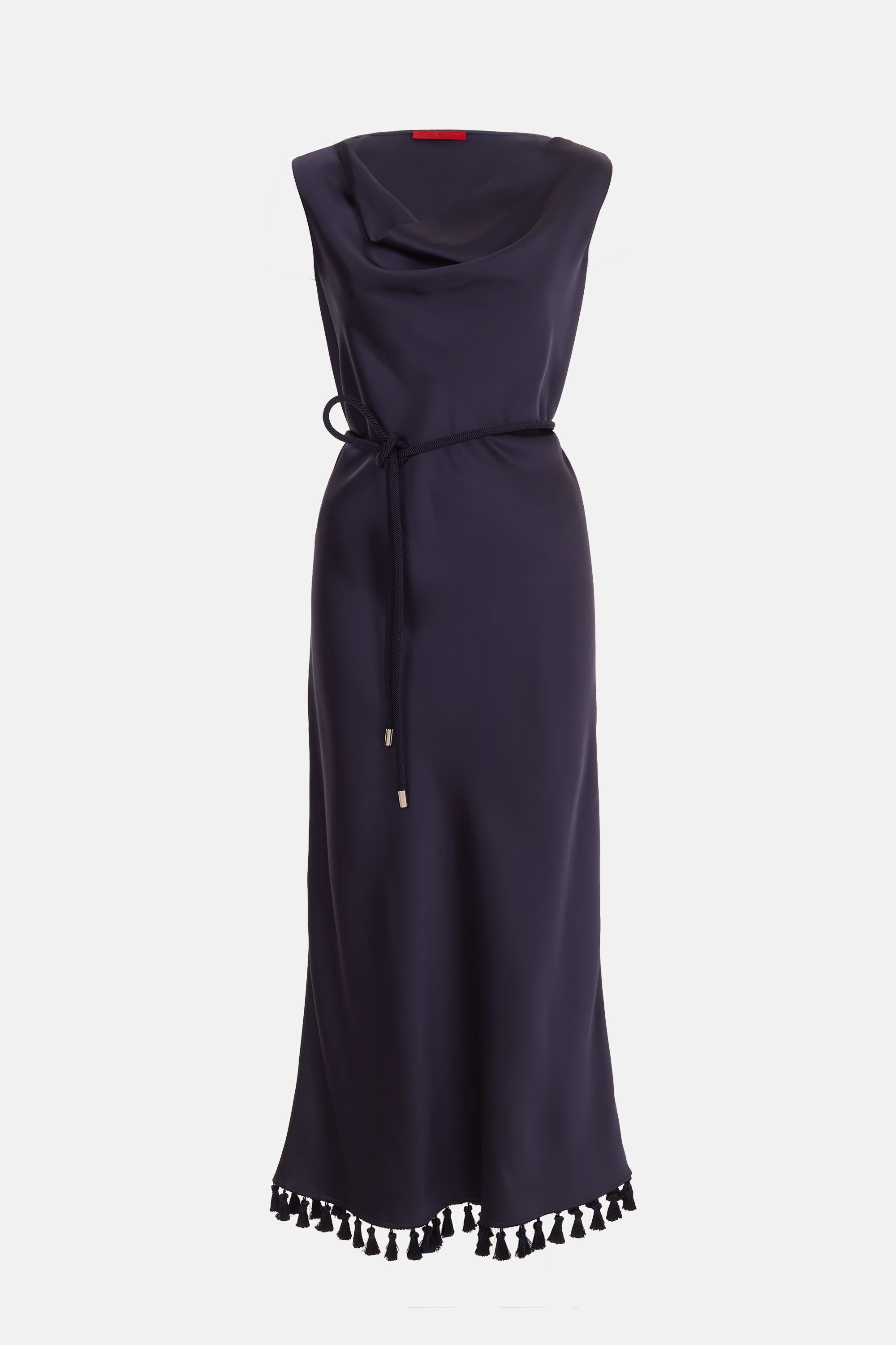 Satin Fitted Midi Dress with Tassels navy - CH Carolina