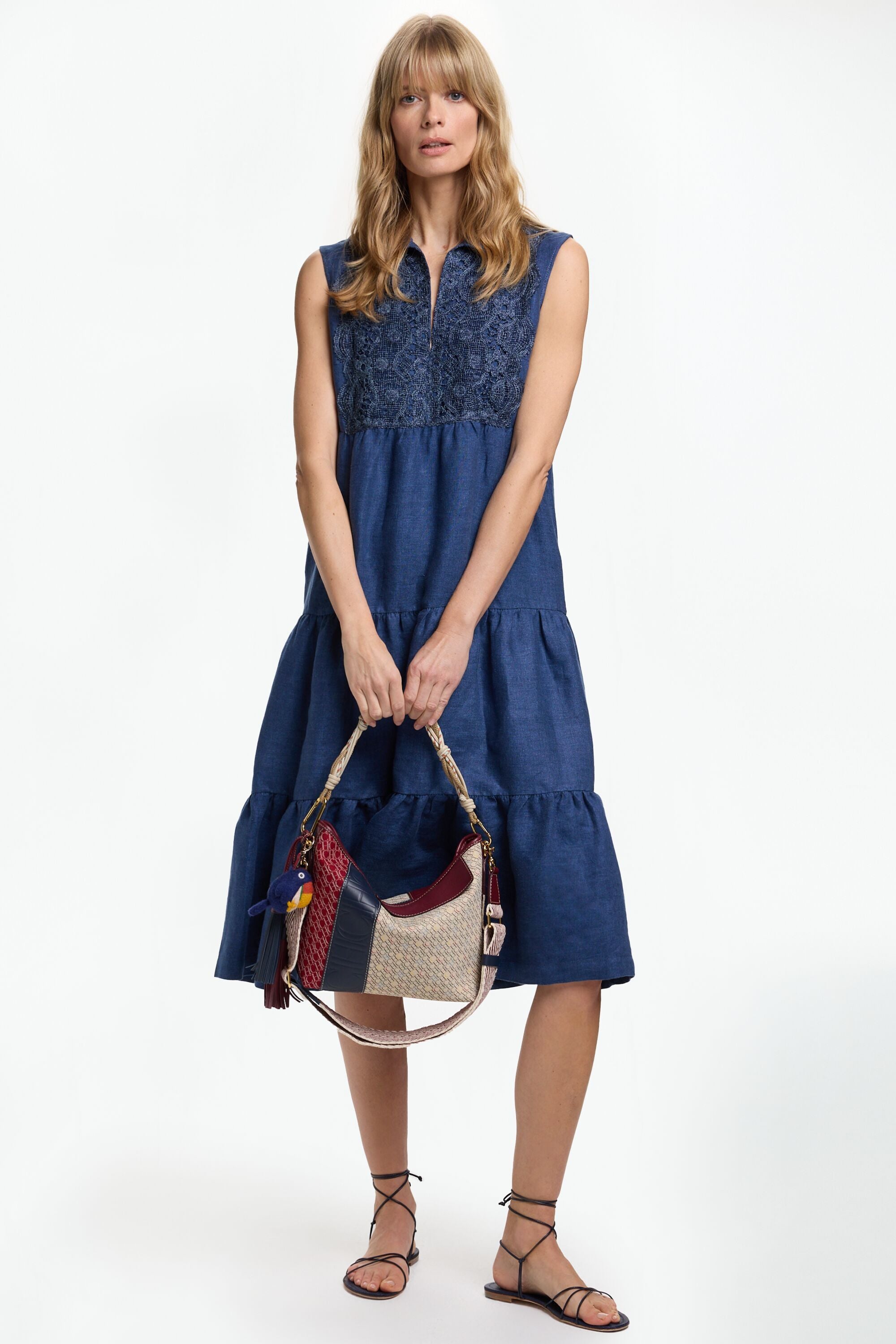 Linen A-Line Dress with Guipure Chest navy - CH Carolina