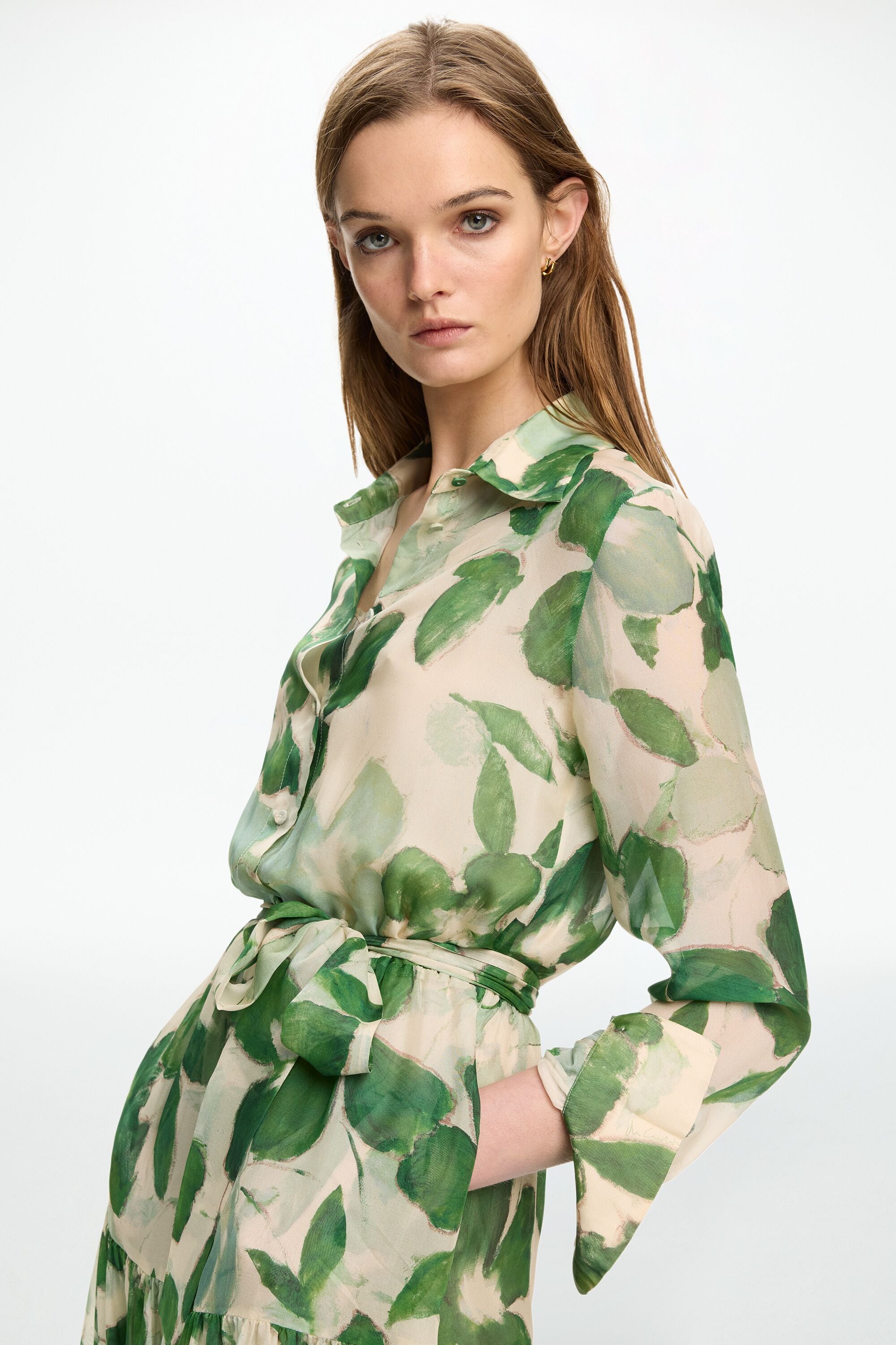 Print Silk Chiffon Shirt Dress ivory/green - CH Carolina