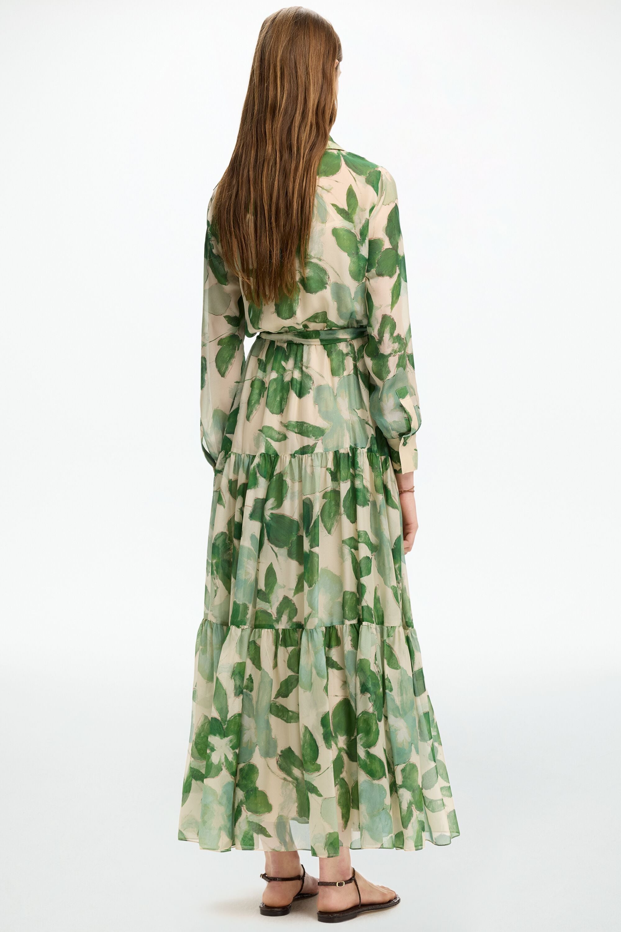 Print Silk Chiffon Shirt Dress ivory/green - CH Carolina