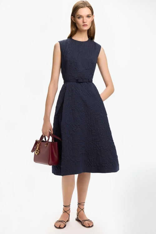 DENIM-EFFECT BROCADE DRESS