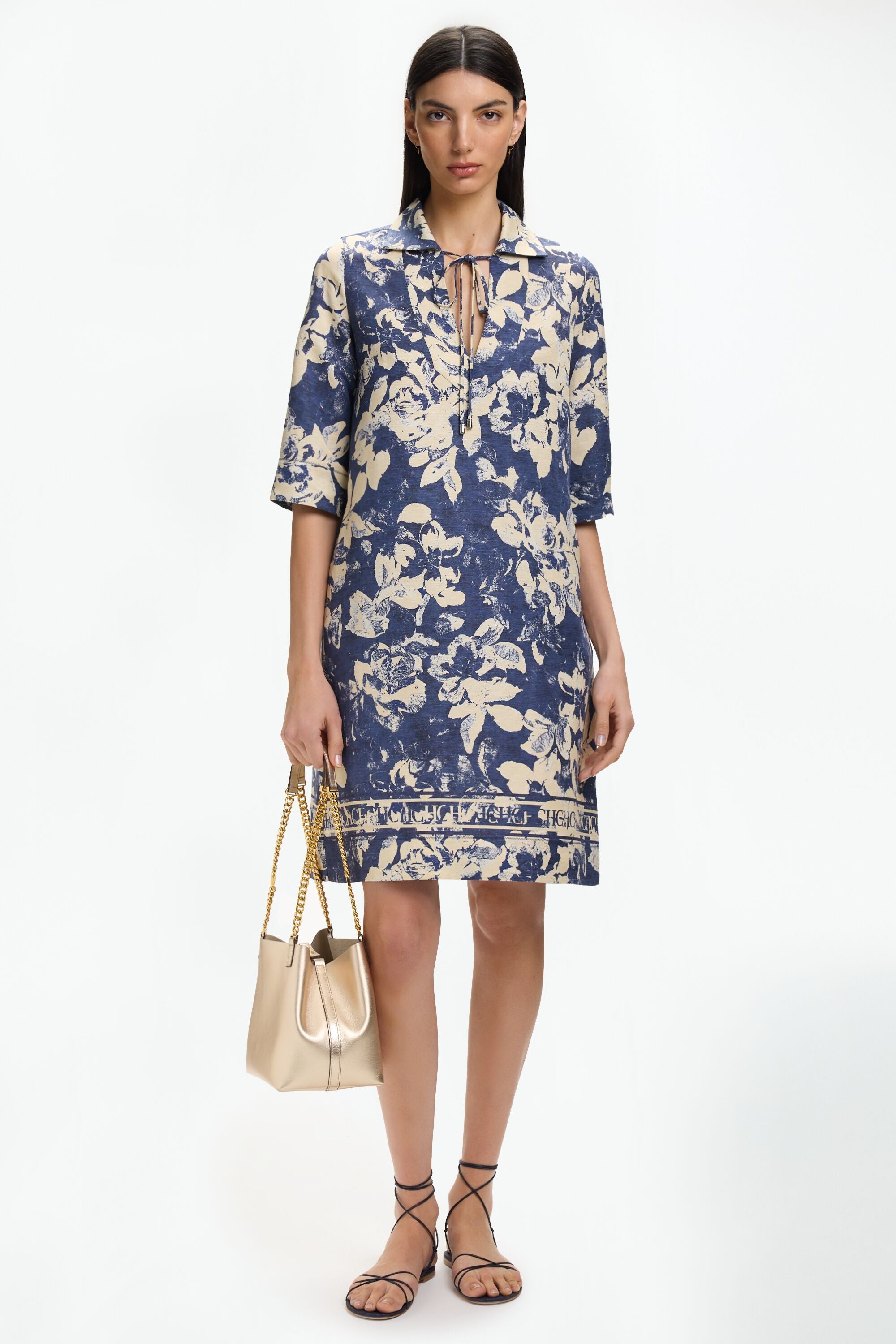 Print Silk Shantung Kaftan Dress blue/beige - CH Carolina Print Silk Shantung Kaftan Dress blue/beige - CH Carolina