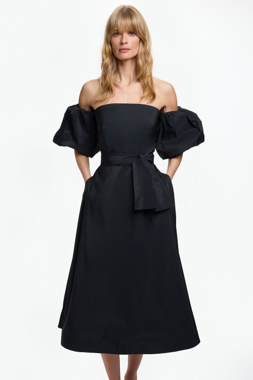 TAFFETA MIDI DRESS WITH PUFFED SLEEVES