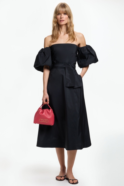 VESTIDO MIDI DE TAFETA CON MANGA ABULLONADA