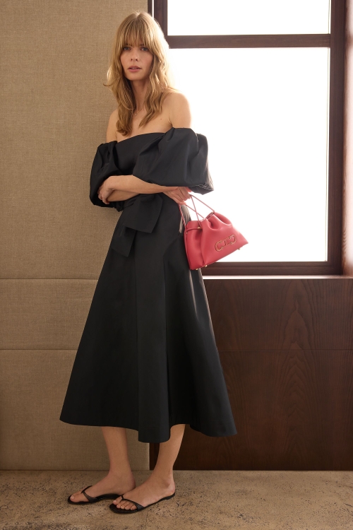 TAFFETA MIDI DRESS WITH PUFFED SLEEVES