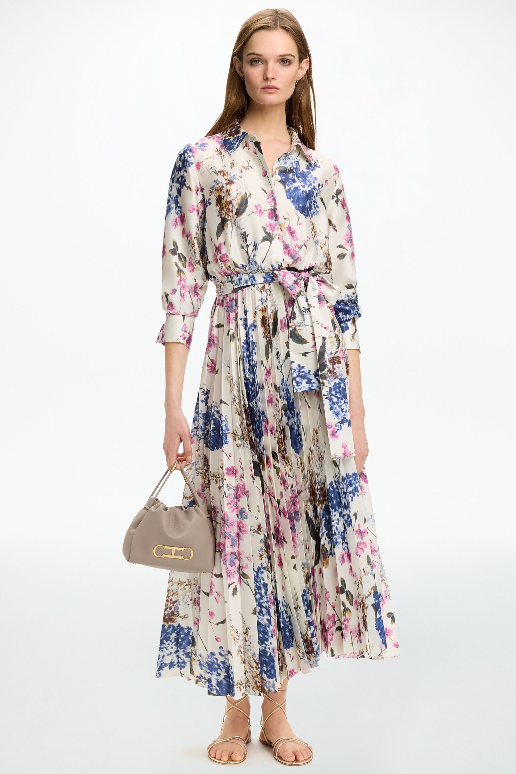 Print Twill Pleated Midi Dress