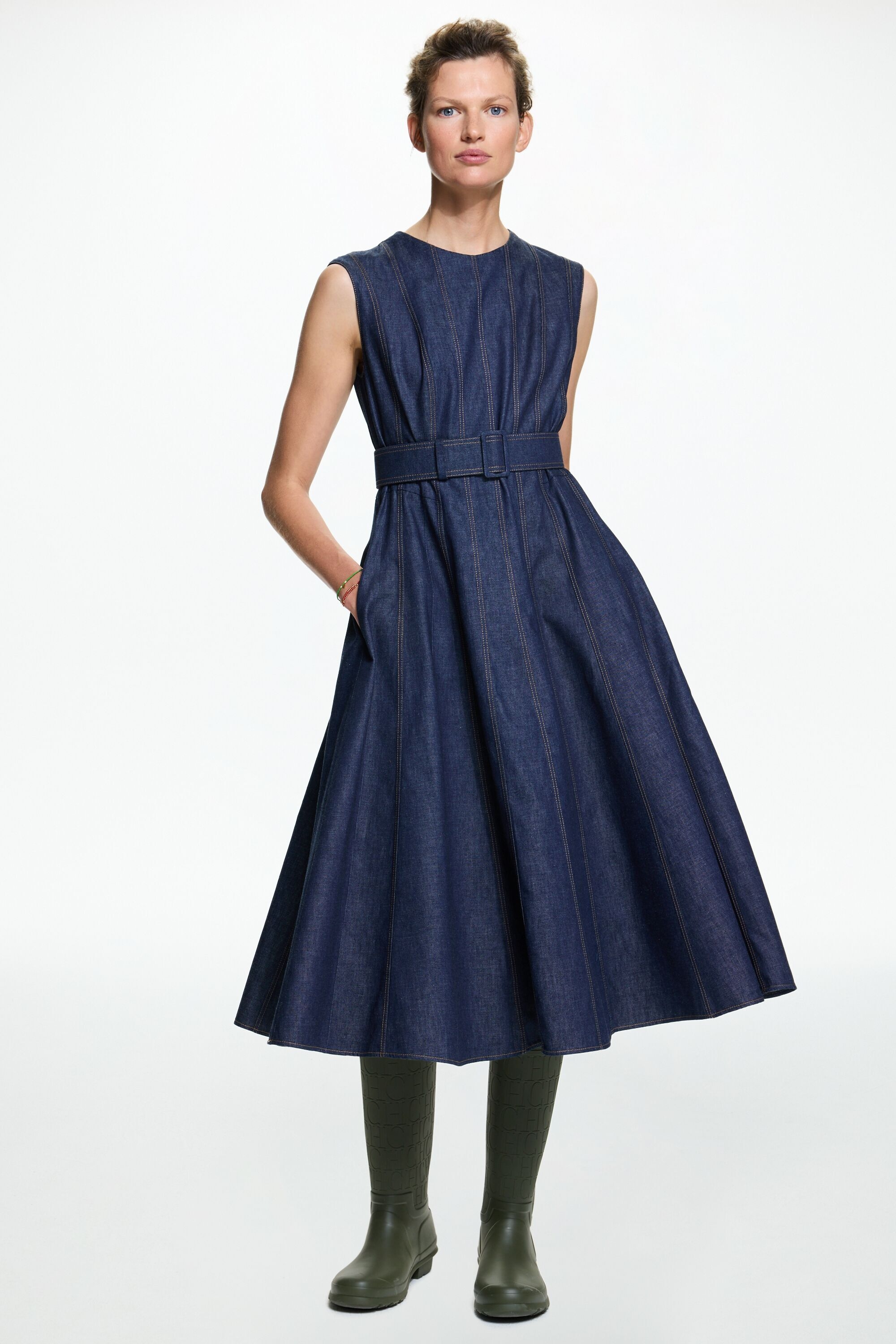 Seam- and Belt-Detailed Denim Dress