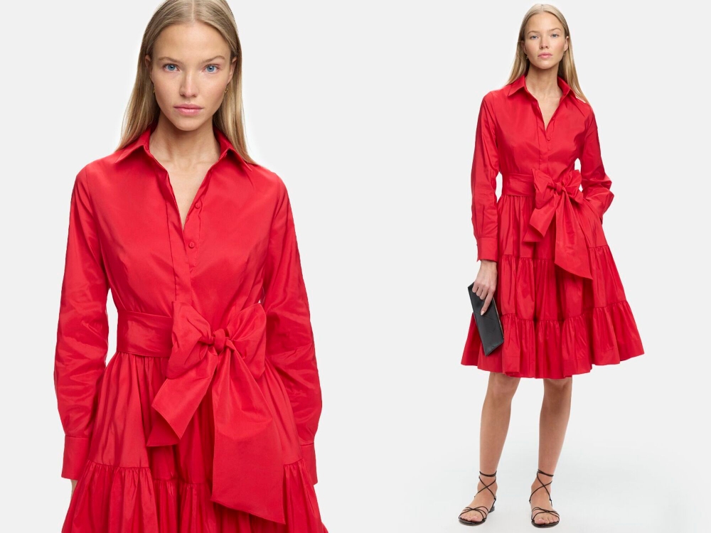 SASH-DETAILED TAFFETA SHORT SHIRT DRESS