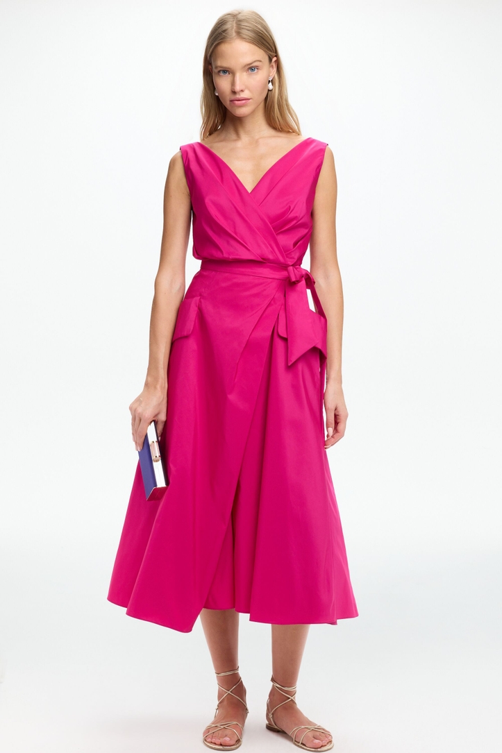 Sleeveless Taffeta Wrap Midi Dress