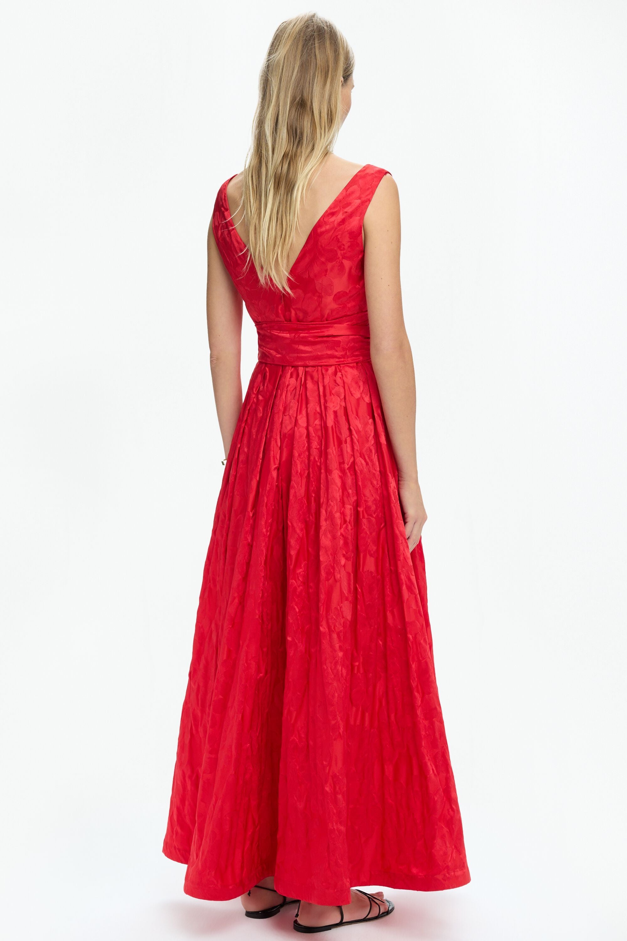 Bow-Detailed Flowery Jacquard Long Dress red - CH Carolina