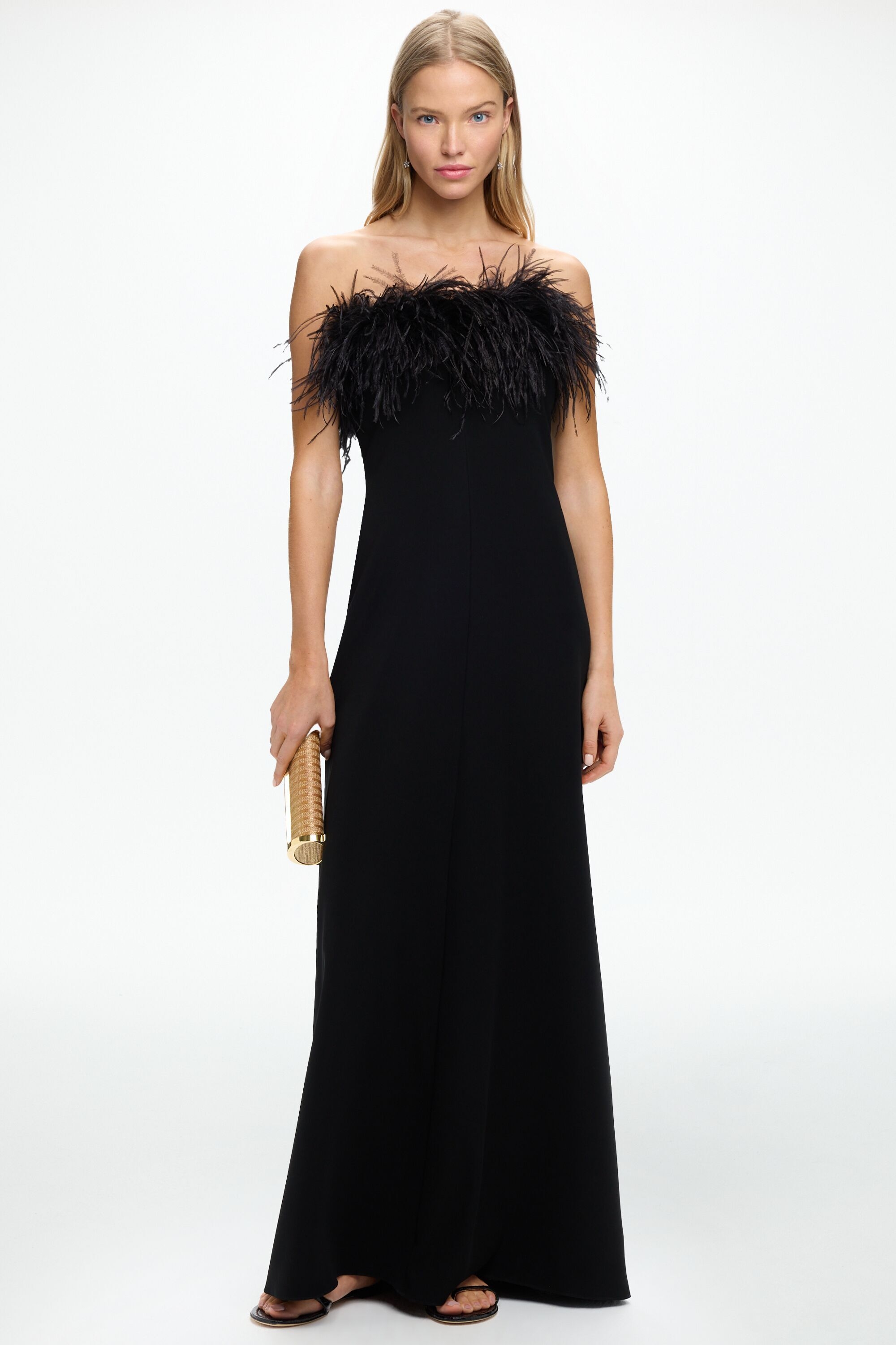 Feather-Detailed Crepe Strapless Long Dress