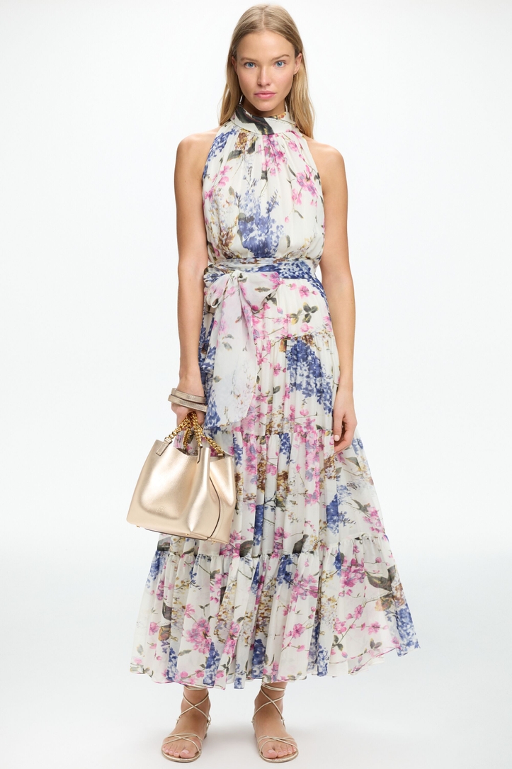 Flowery Print Silk Chiffon Halter Dress