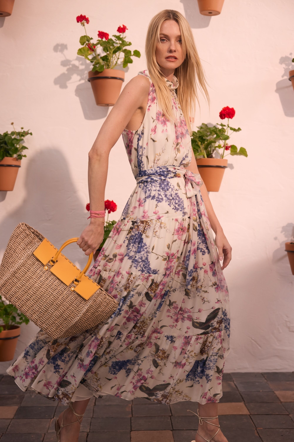 FLOWERY PRINT SILK CHIFFON HALTER DRESS