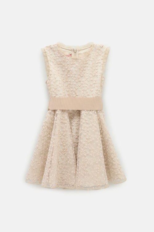 BELT-DETAILED EMBROIDERED TULLE DRESS