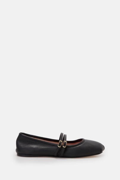 Initials Insignia Leather Mary Jane Ballet Flats - BLACK