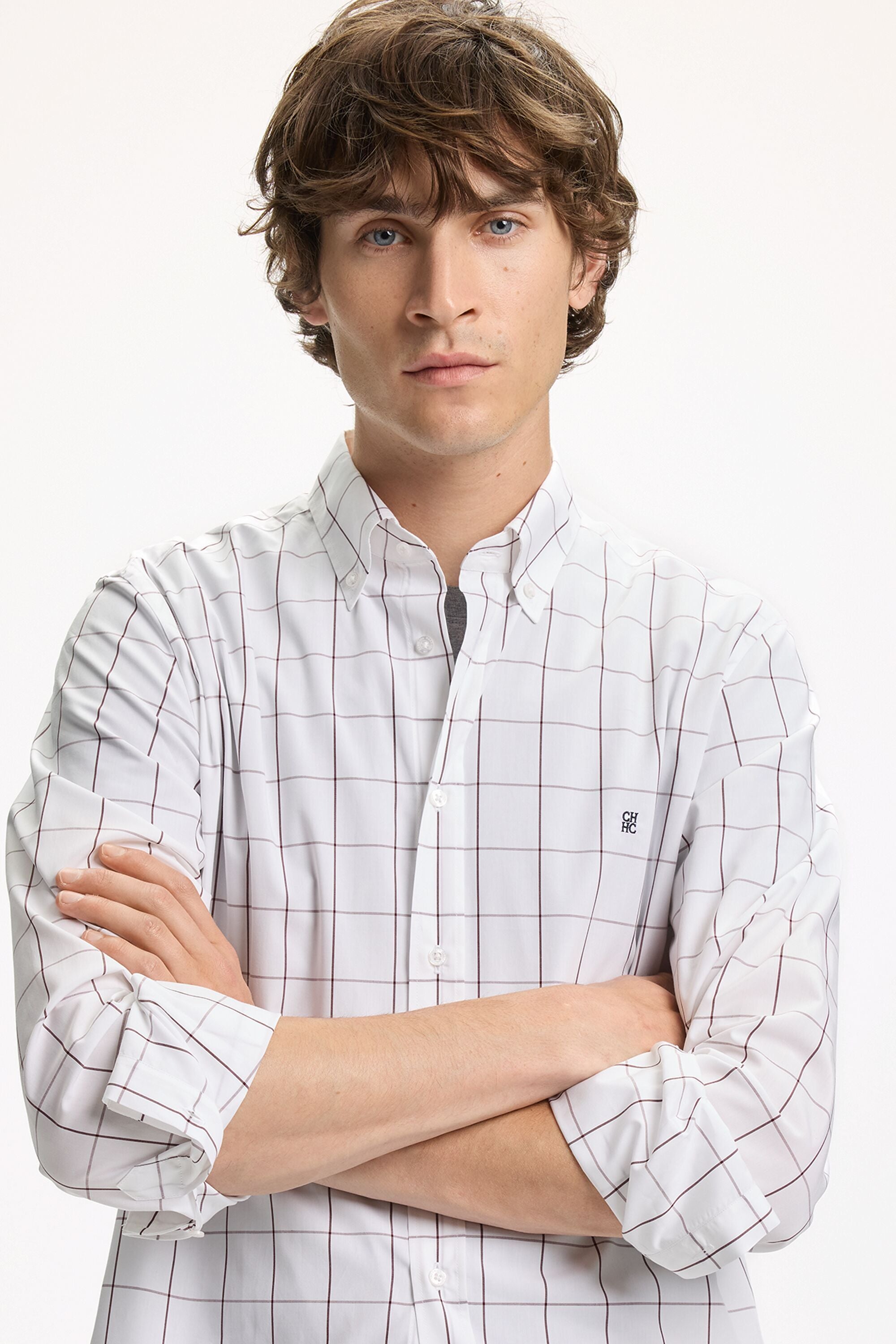 Windowpane Check Poplin Shirt white/brown - CH Carolina Herrera