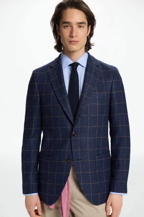 WINDOWPANE CHECKERED WOOL AND SILK RELAXED FIT BLAZER