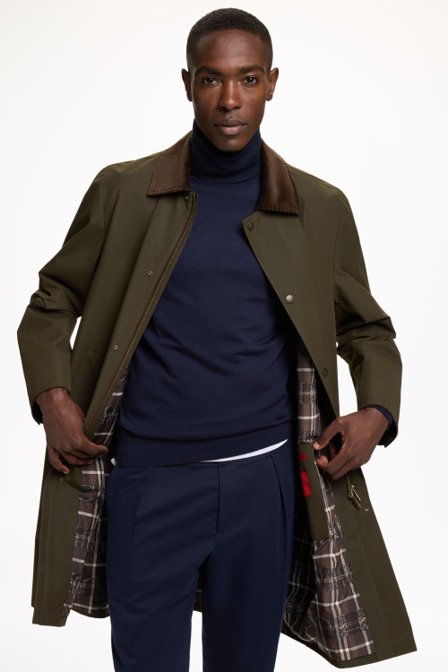 CHARTAN-LINED WAXED COTTON TRENCH COAT