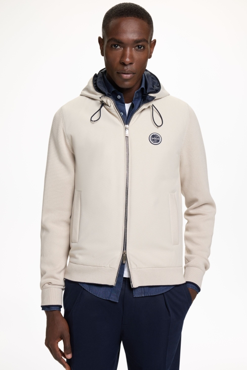 HOODED KNIT AND QUILTED NYLON CARDIGAN