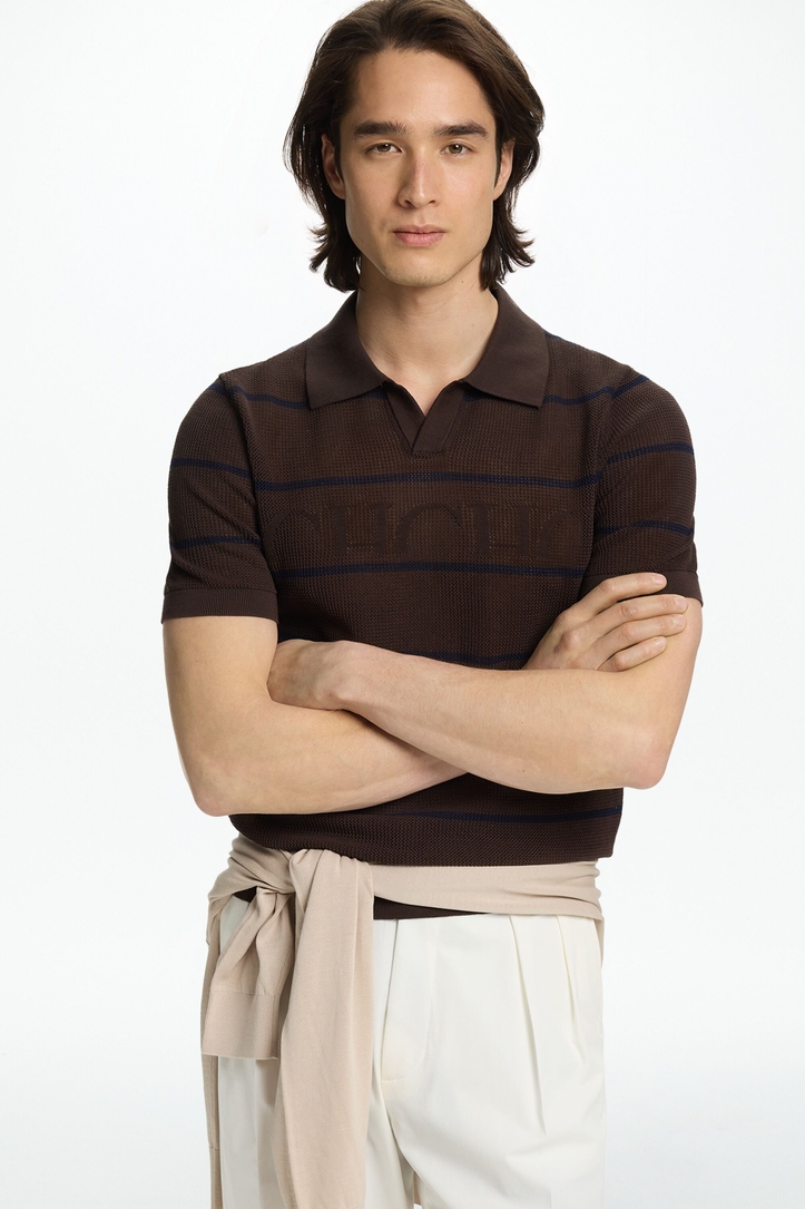 CH Striped Pointelle Knit Open Polo Shirt