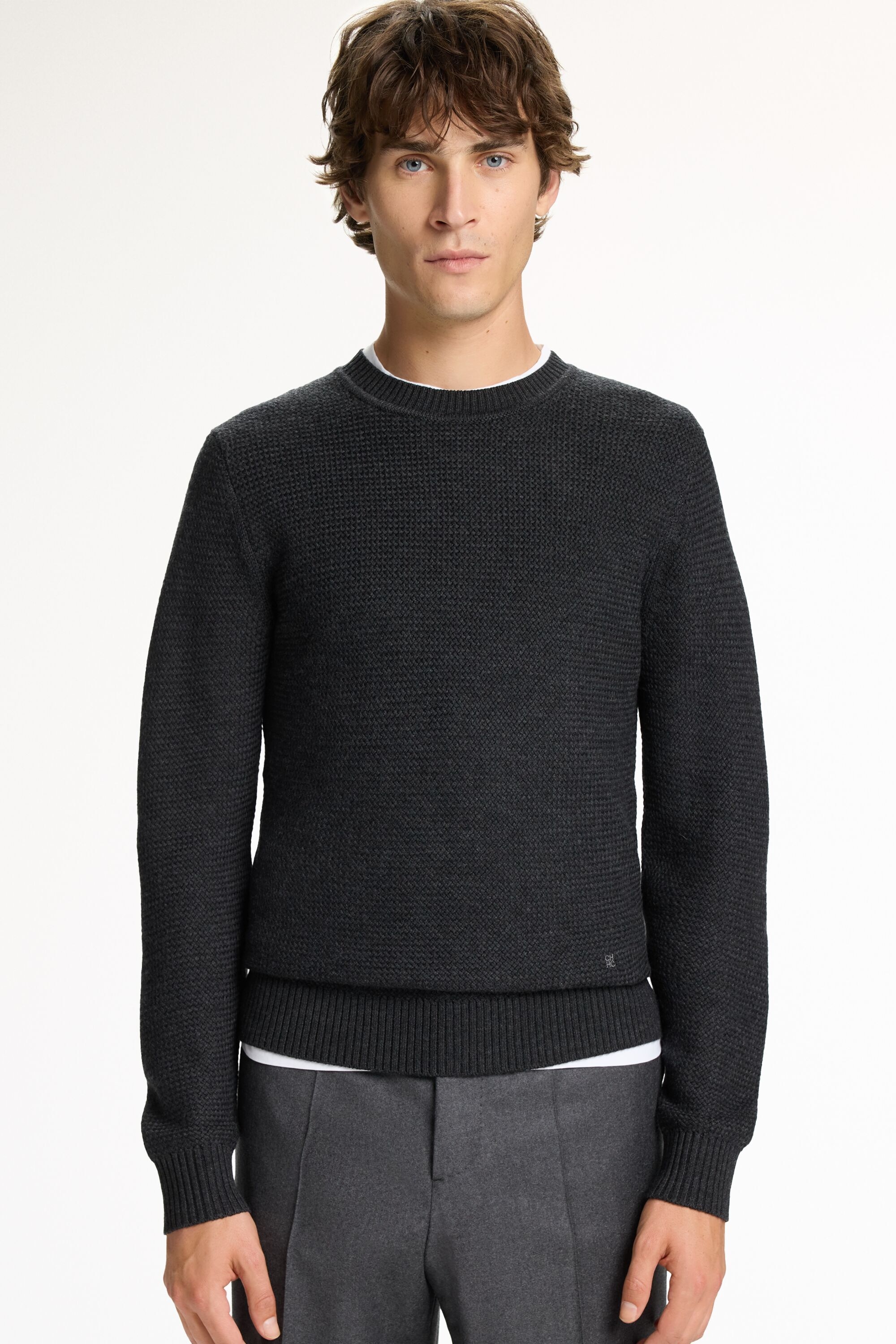 Textured Merino Wool Crew Neck Sweater