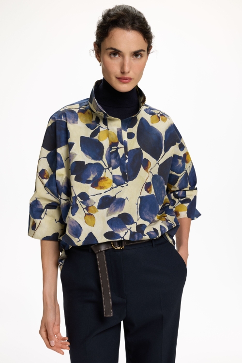 BLUE LEAF PRINT POPLIN OVERSIZE SHIRT