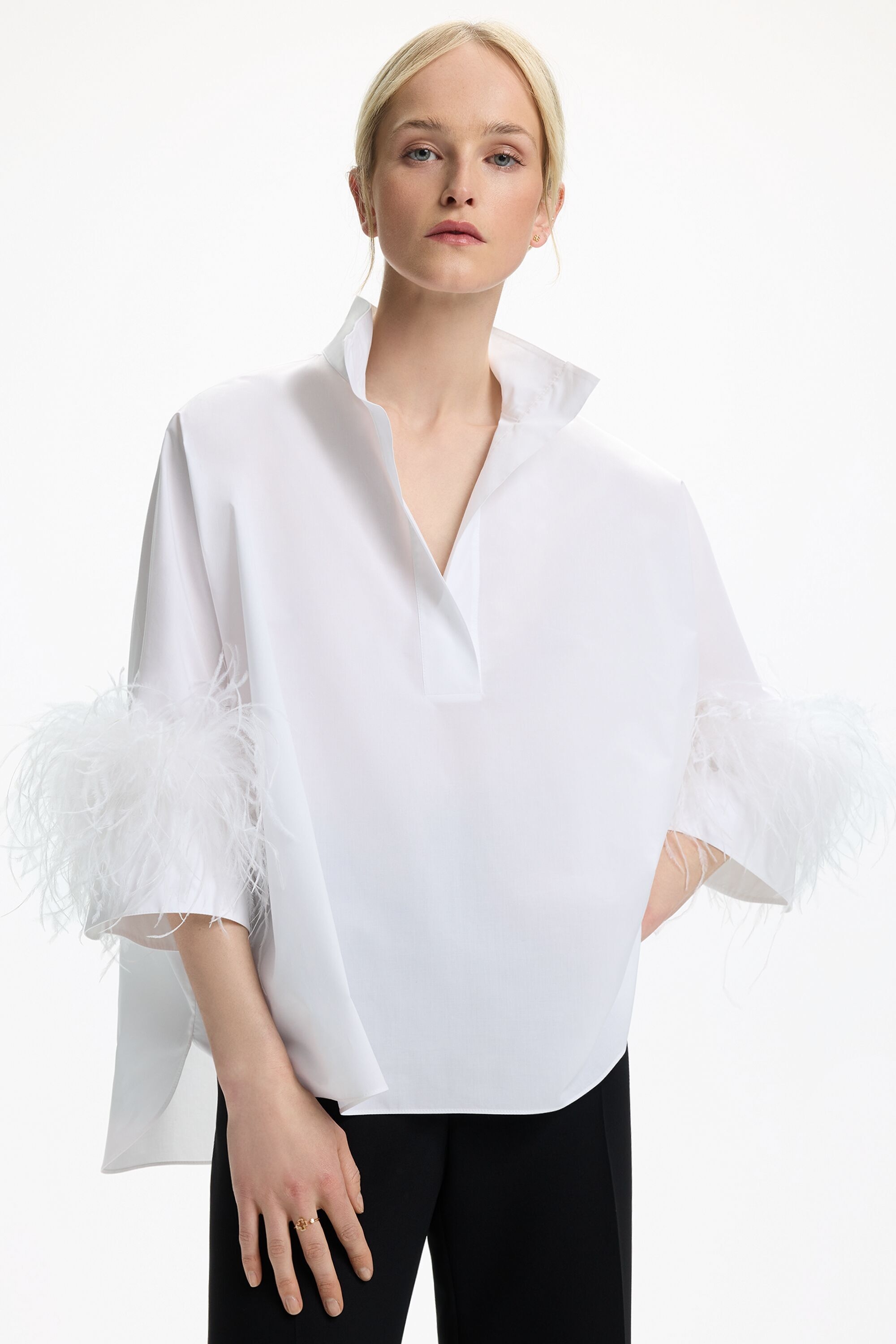 Poplin Oversize White Shirt with Feathers