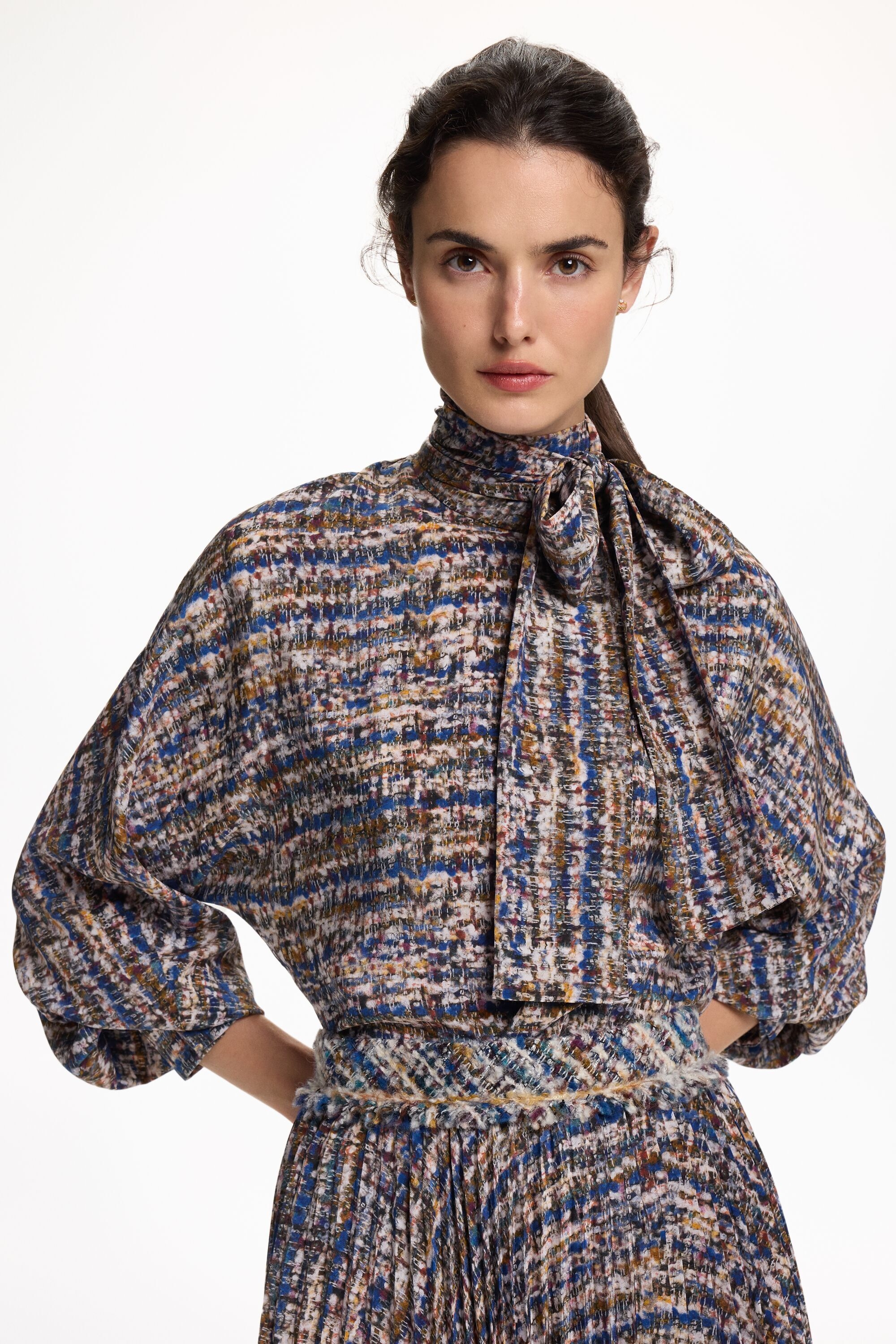 Tweed Print Crepe de Chine Straight-Fit Shirt