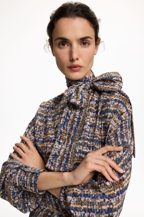 TWEED PRINT CREPE DE CHINE STRAIGHT-FIT SHIRT