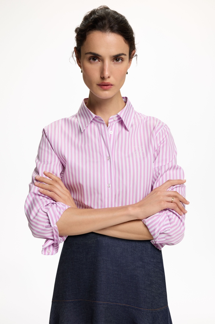 Striped Poplin Fitted Shirt with Pearls