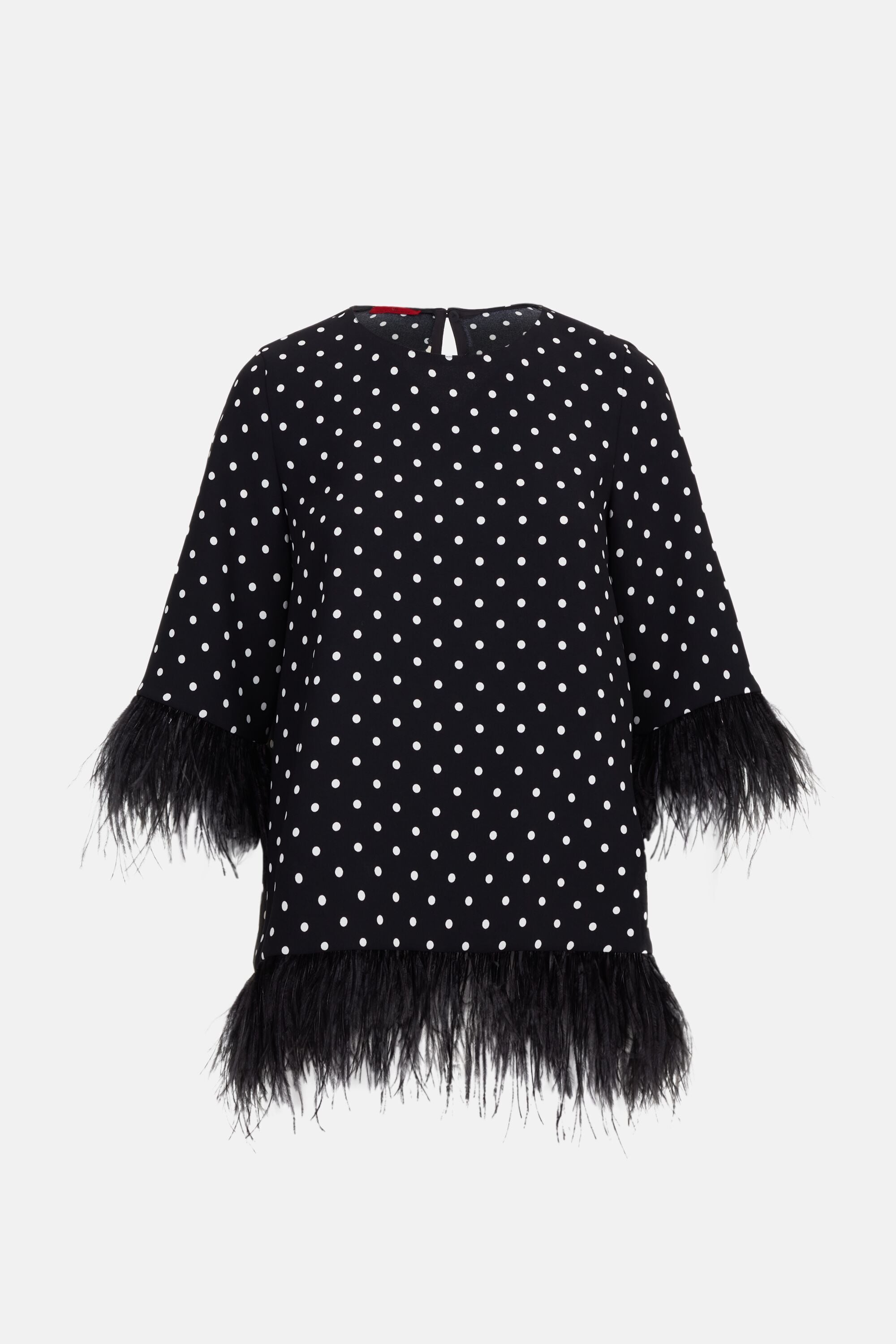 Crepe A-Line Top with Polka Dots and Feathers black/ivory