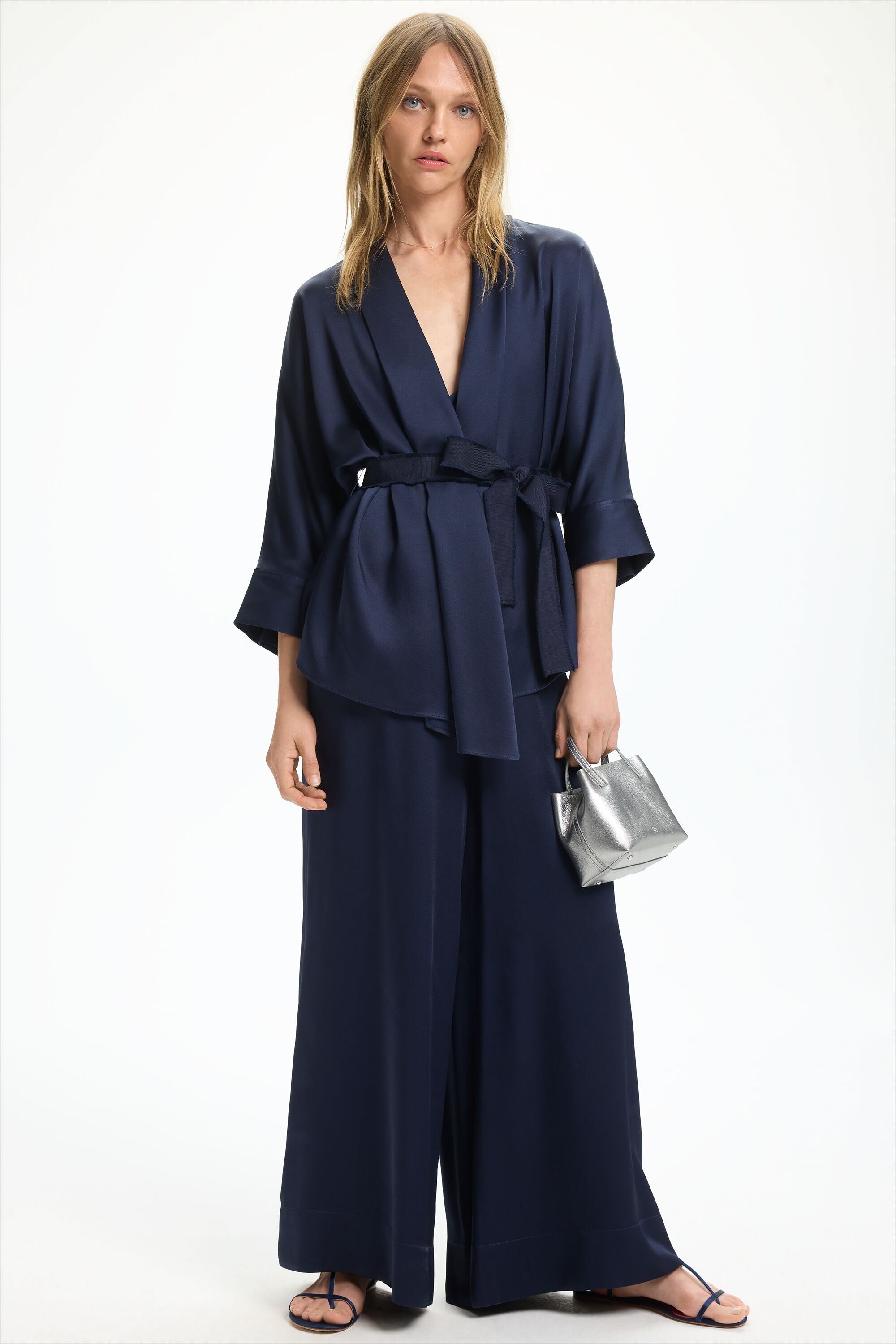 blue satin wrap top