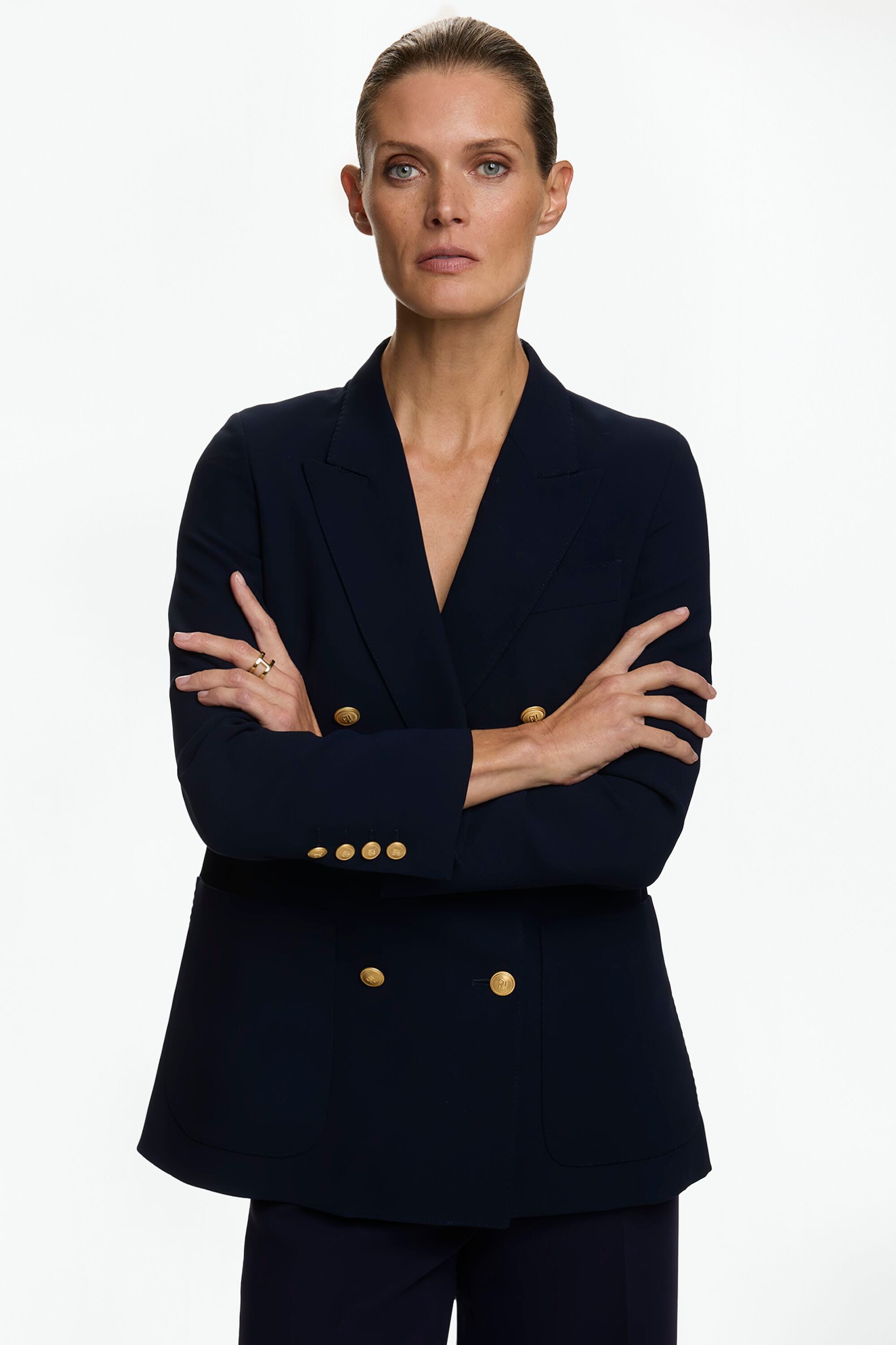Crepe Double-Breasted Fitted Tailored Jacket