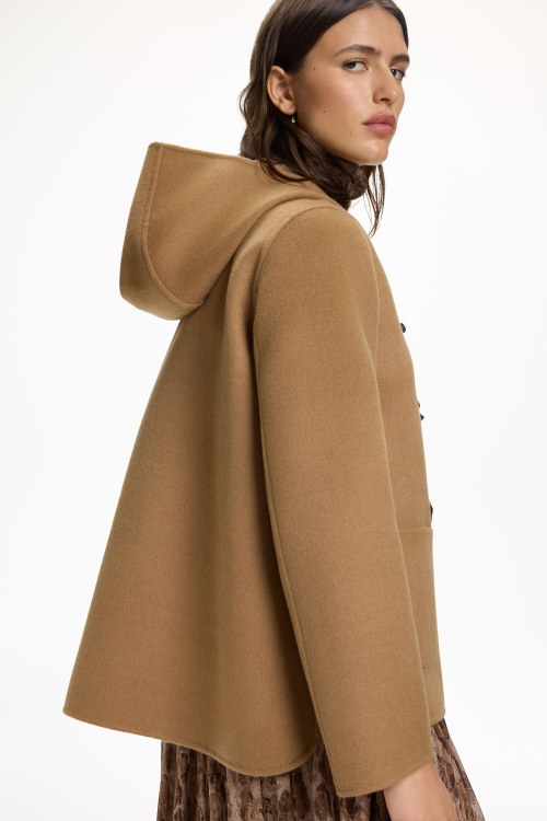 CHARTAN-LINED HOODED DOUBLE-FACED WOOL COAT